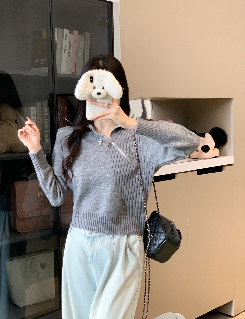 Niche oblique zipper sweater pullover Korean style tops