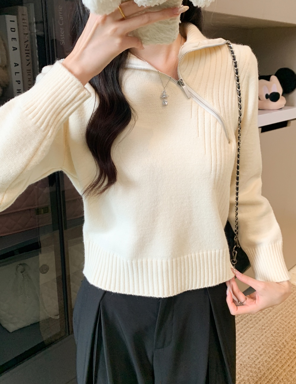 Niche oblique zipper sweater pullover Korean style tops