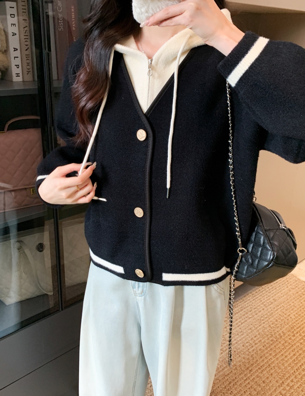Hooded Pseudo-two tops knitted woolen coat for women