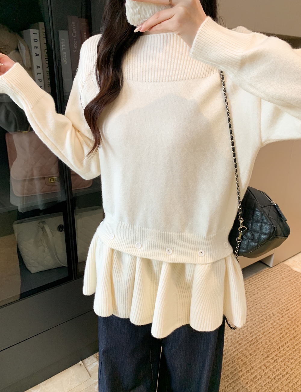 Pullover knitted tops removable skirt a set for women