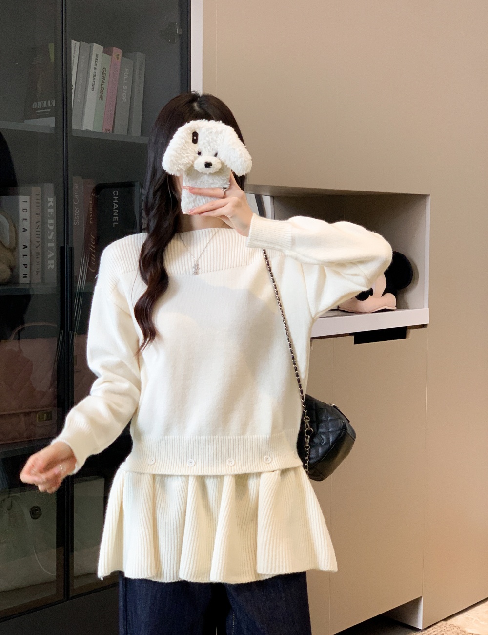 Pullover knitted tops removable skirt a set for women