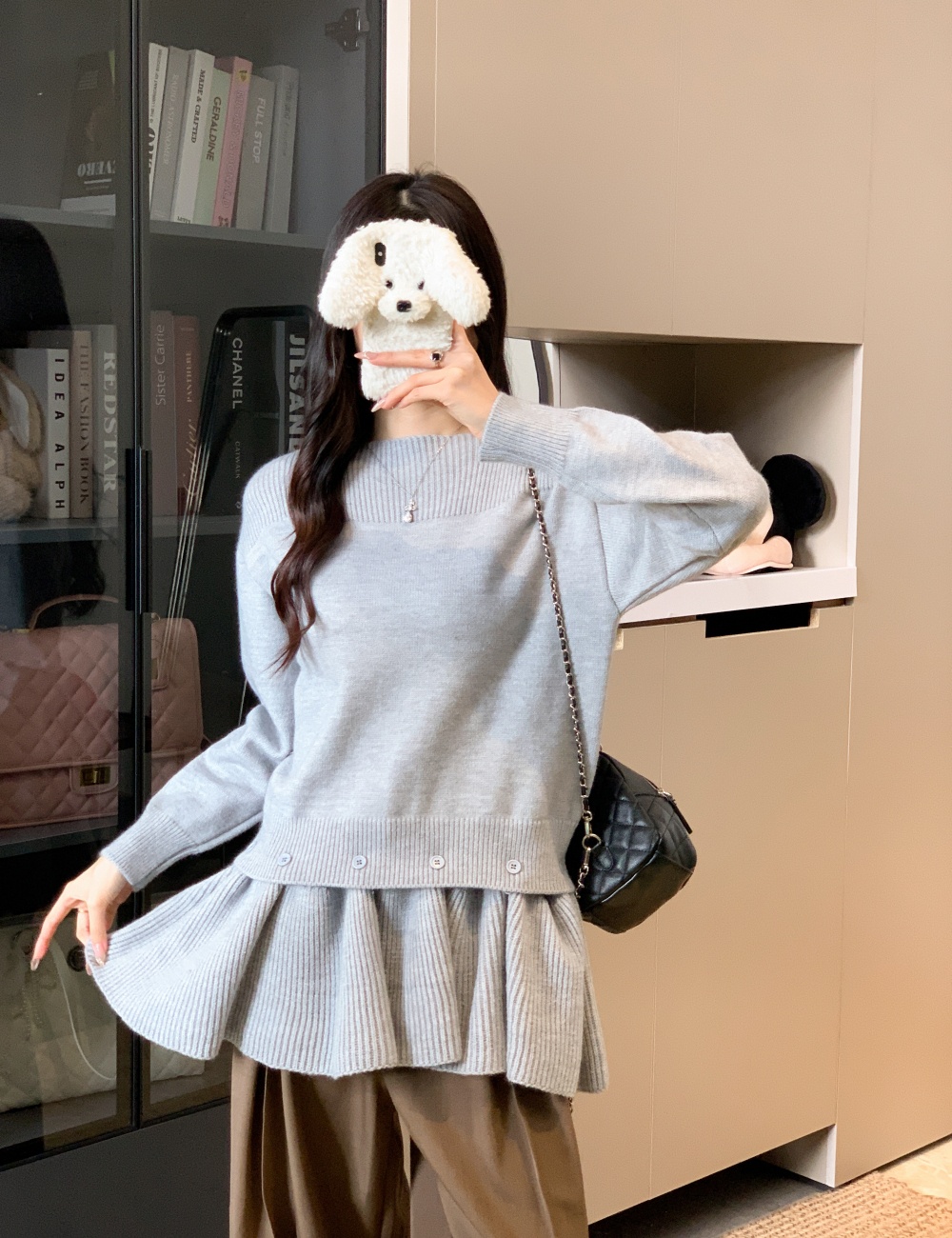 Pullover knitted tops removable skirt a set for women