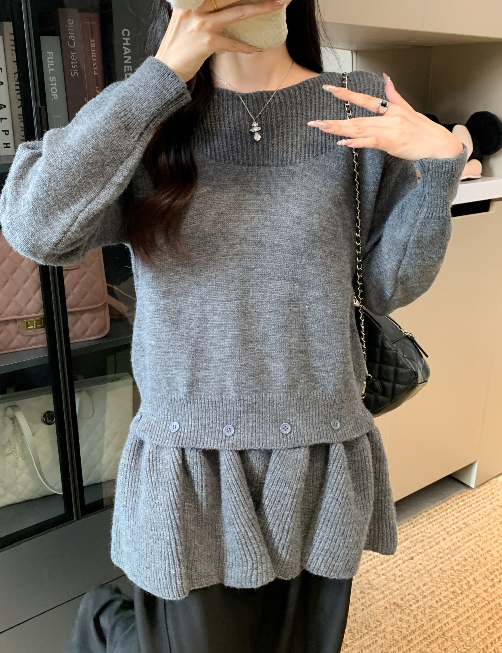 Pullover knitted tops removable skirt a set for women