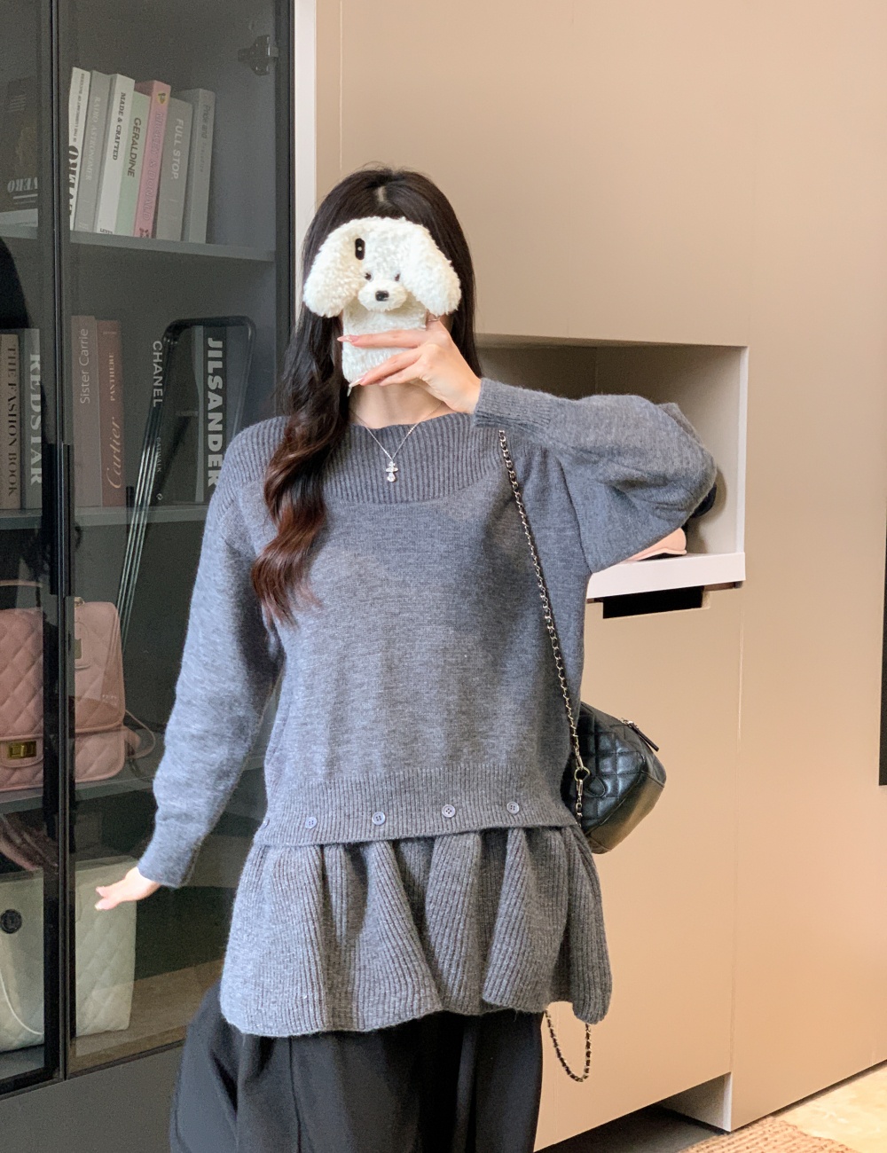 Pullover knitted tops removable skirt a set for women