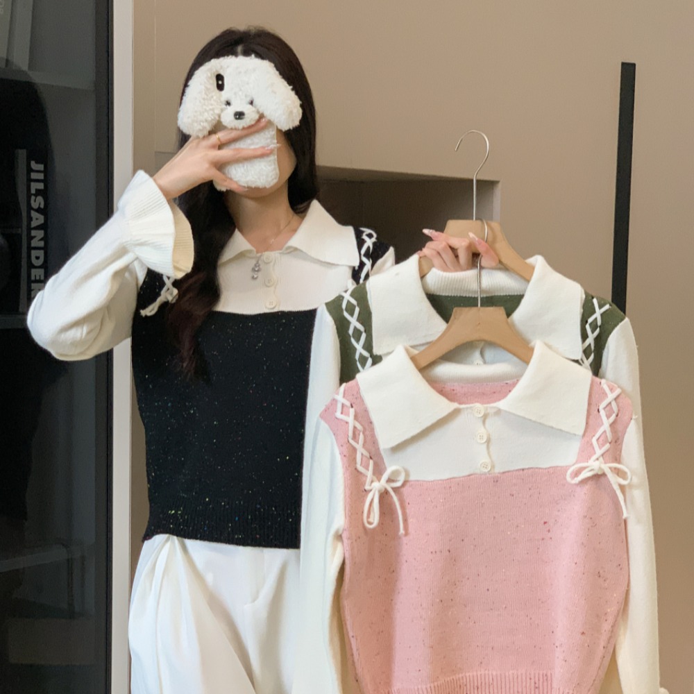 Autumn Pseudo-two sweater splice tops for women