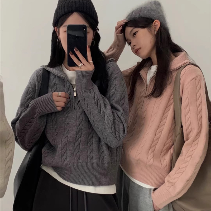 Half zip retro sweater Korean style thick coat for women
