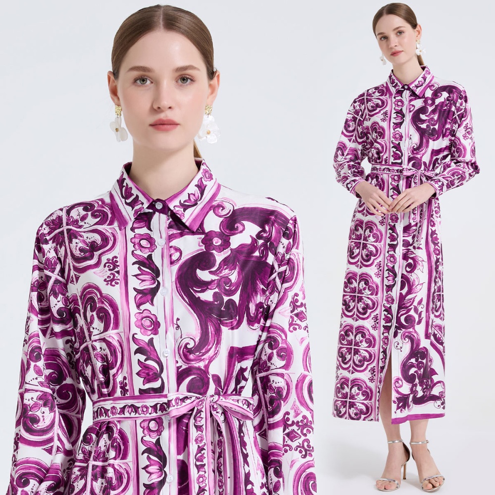 Slim retro pinched waist dress frenum lapel long dress