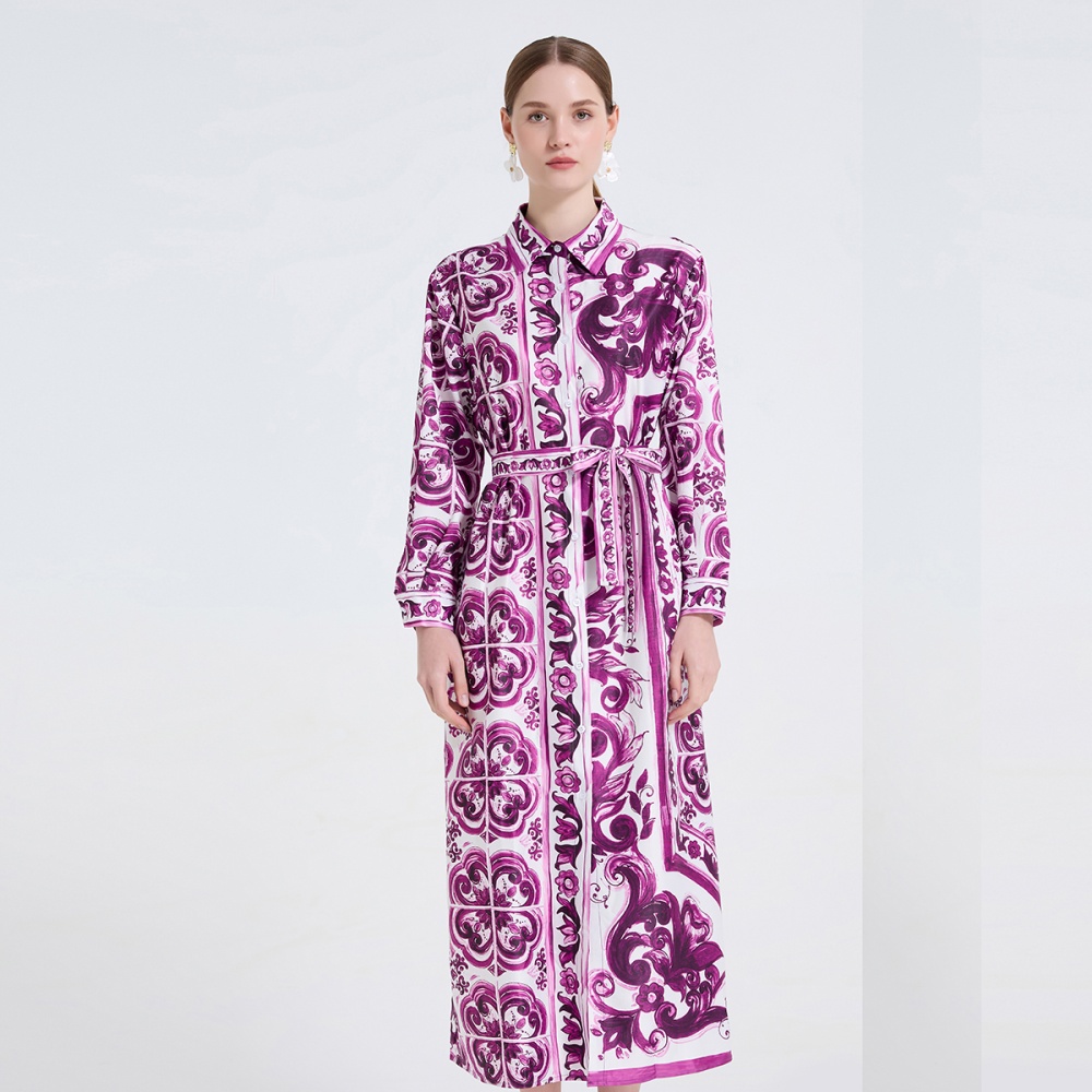 Slim retro pinched waist dress frenum lapel long dress