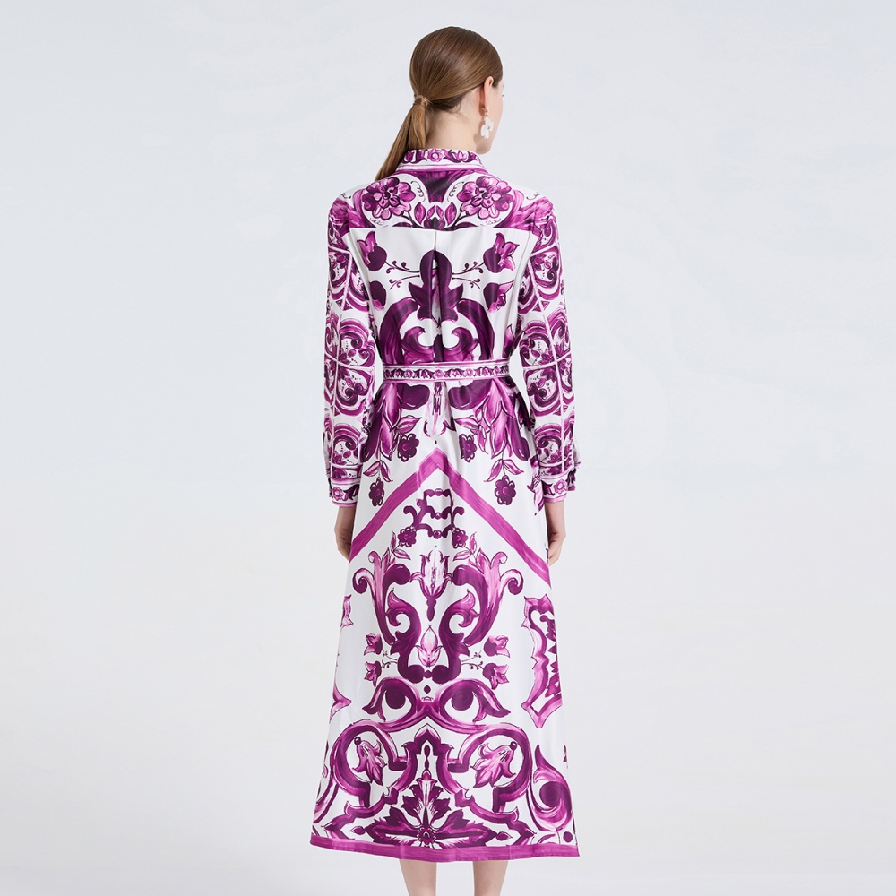 Slim retro pinched waist dress frenum lapel long dress