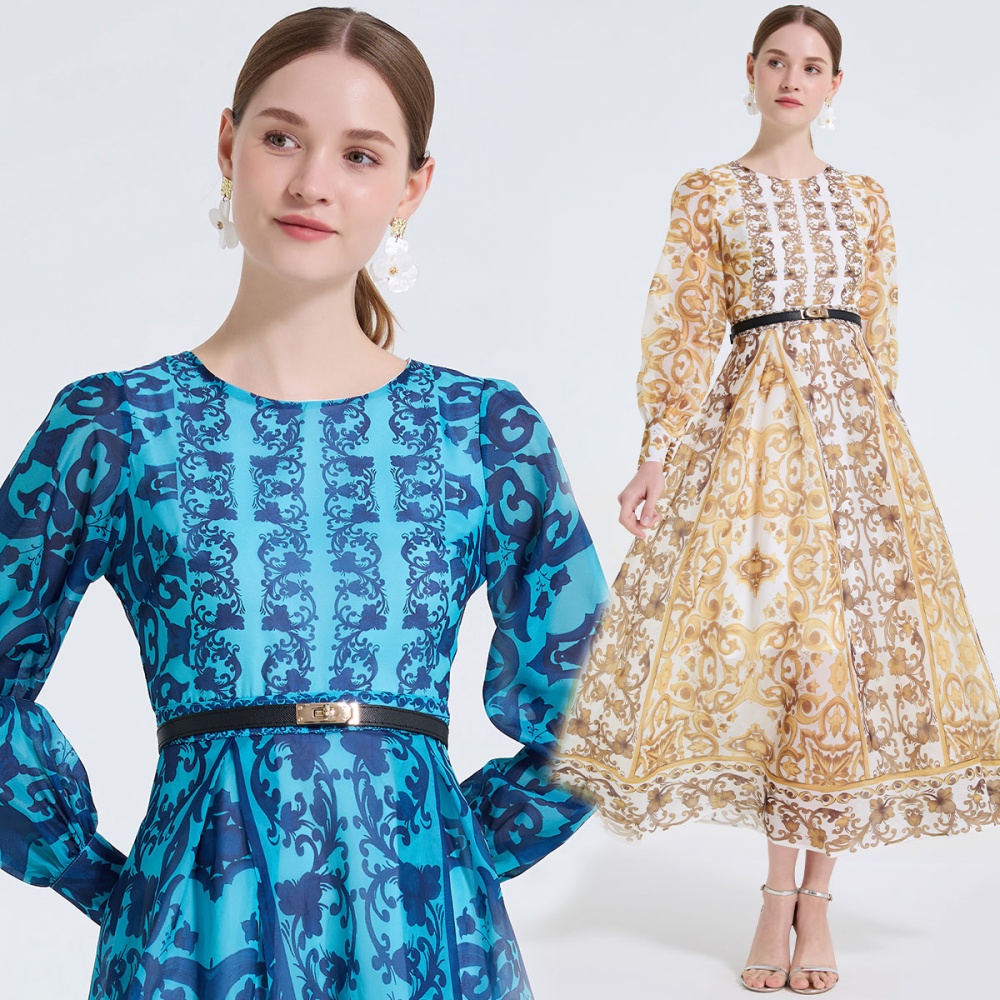 Long sleeve slim big skirt high waist round neck dress