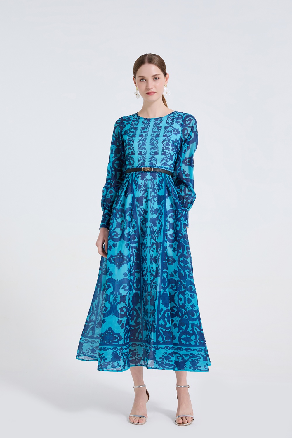 Long sleeve slim big skirt high waist round neck dress