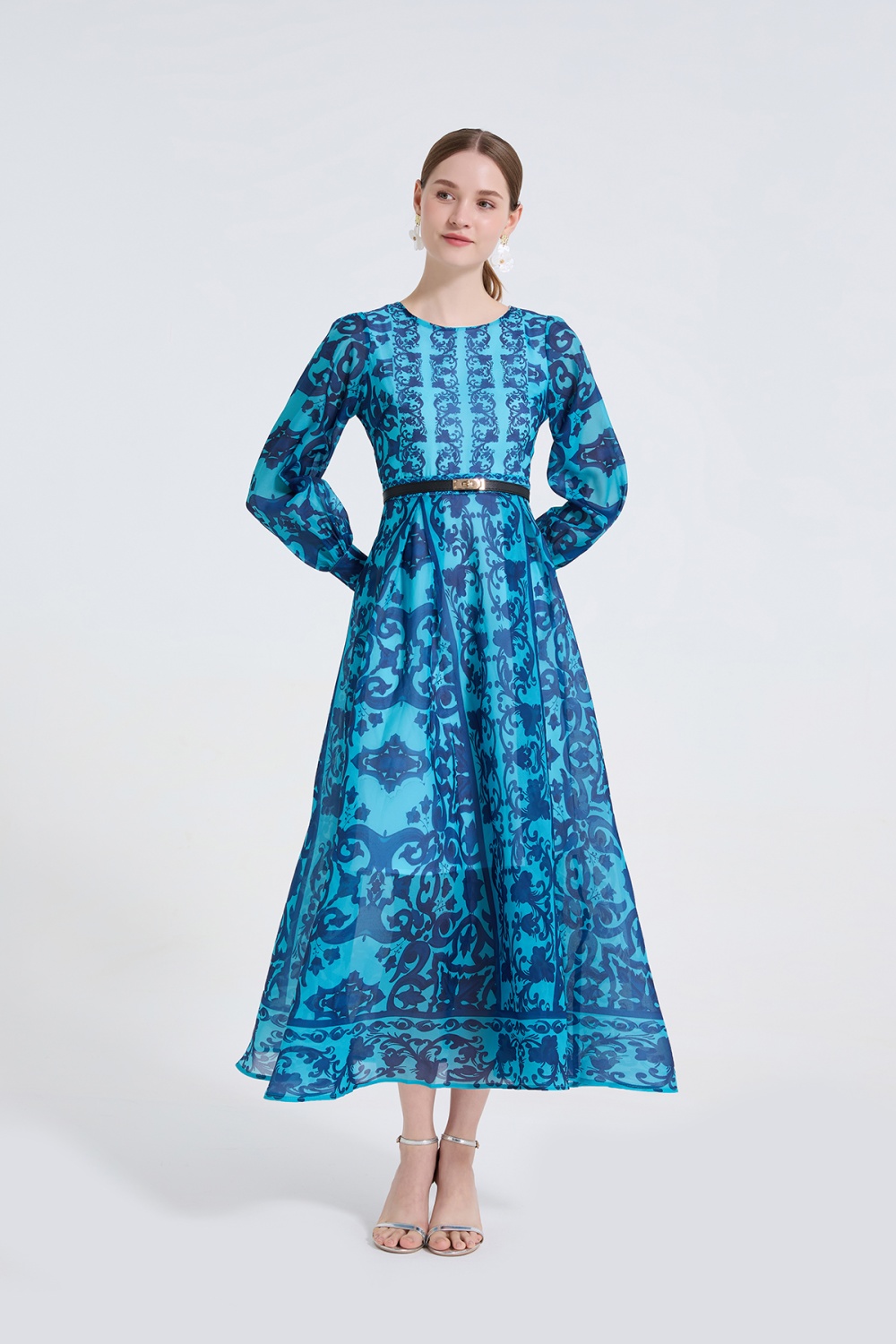 Long sleeve slim big skirt high waist round neck dress