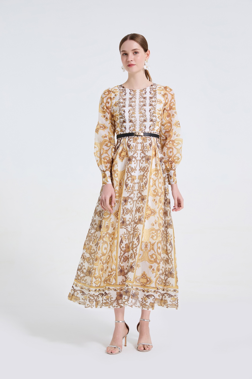 Long sleeve slim big skirt high waist round neck dress