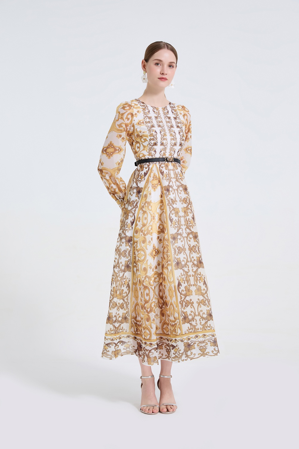 Long sleeve slim big skirt high waist round neck dress