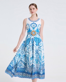 Flowers pinched waist dress printing long dress