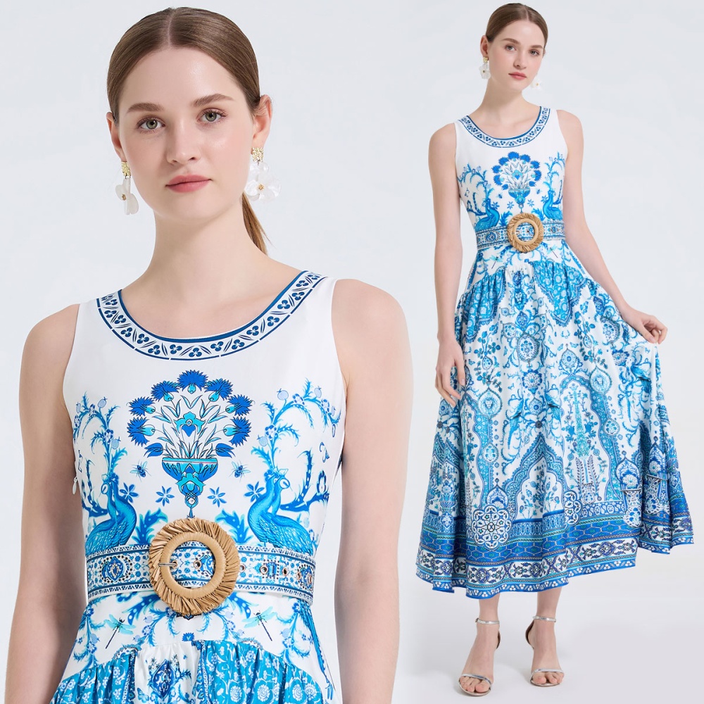 Flowers pinched waist dress printing long dress