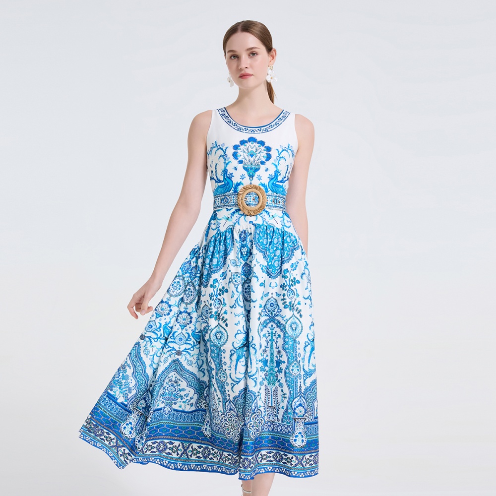 Flowers pinched waist dress printing long dress