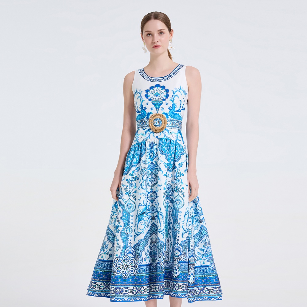 Flowers pinched waist dress printing long dress