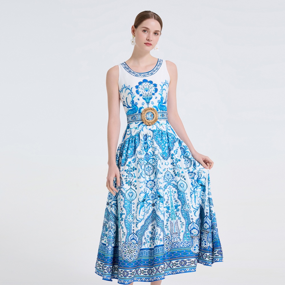 Flowers pinched waist dress printing long dress