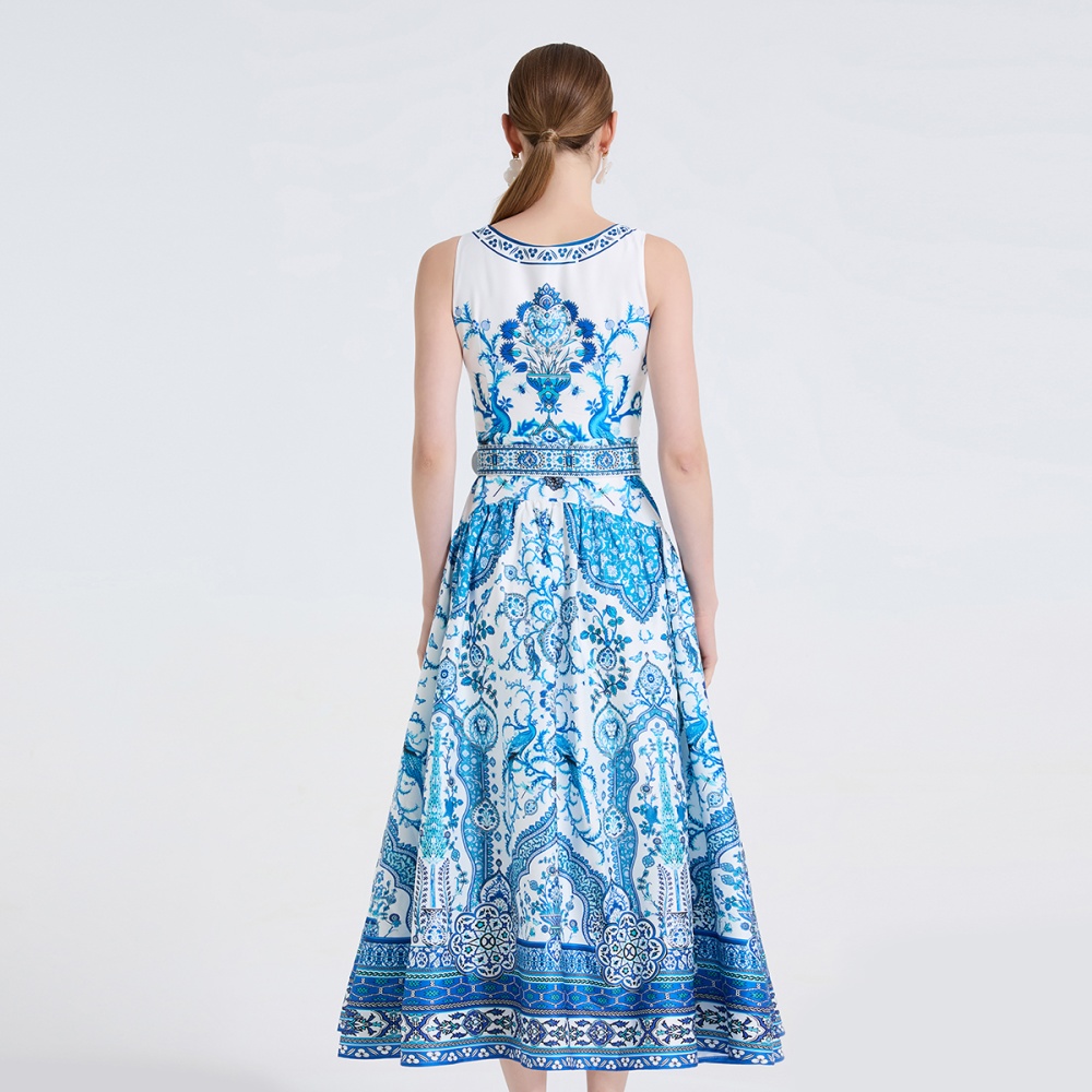 Flowers pinched waist dress printing long dress