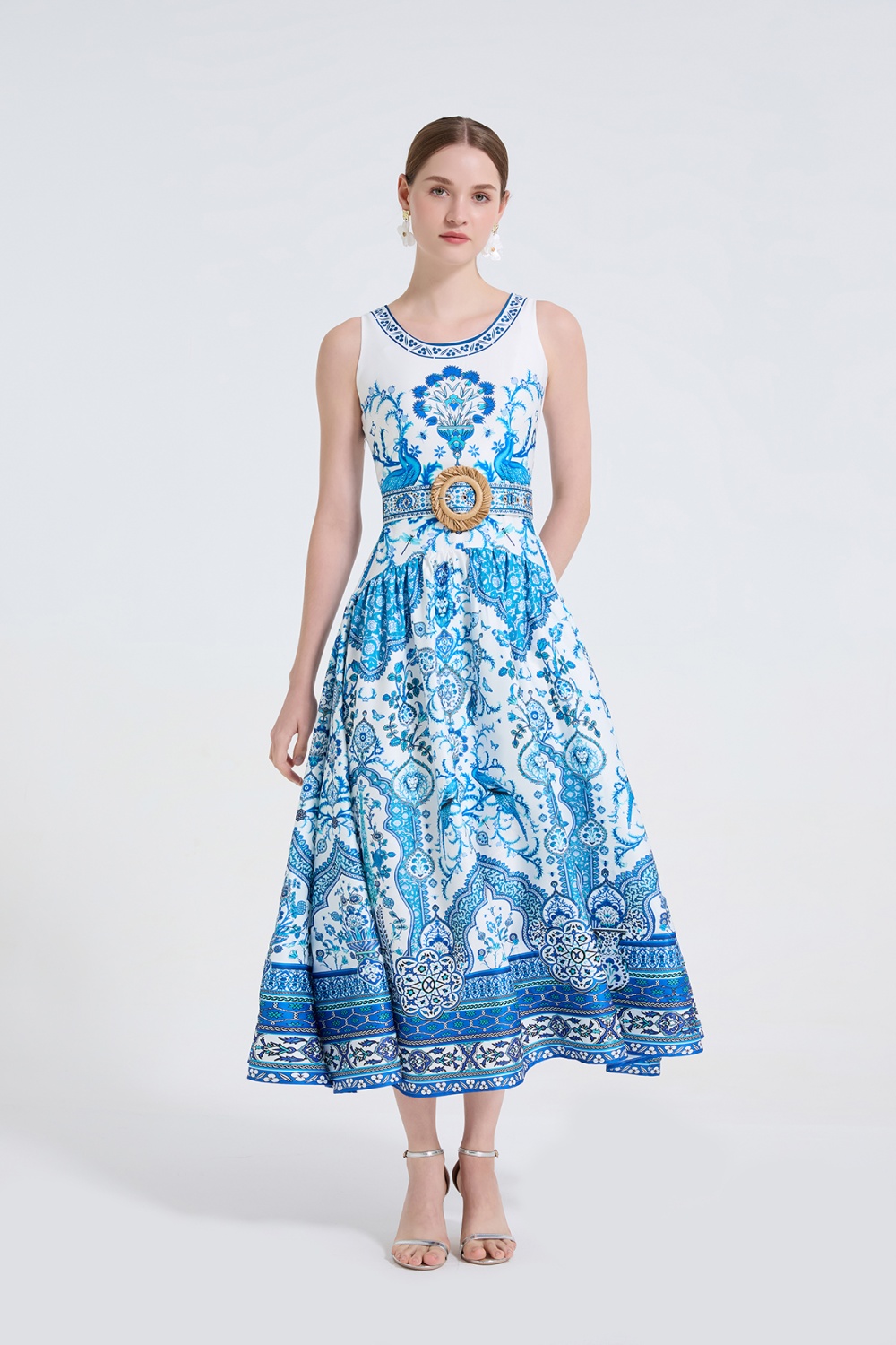 Flowers pinched waist dress printing long dress