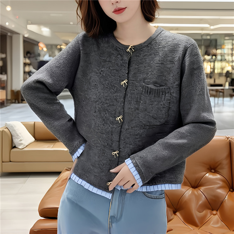 Knitted chanelstyle splice stereoscopic cardigan