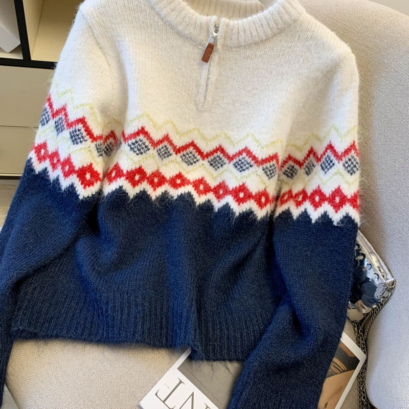 Mixed colors Korean style sweater lazy half zip tops for women