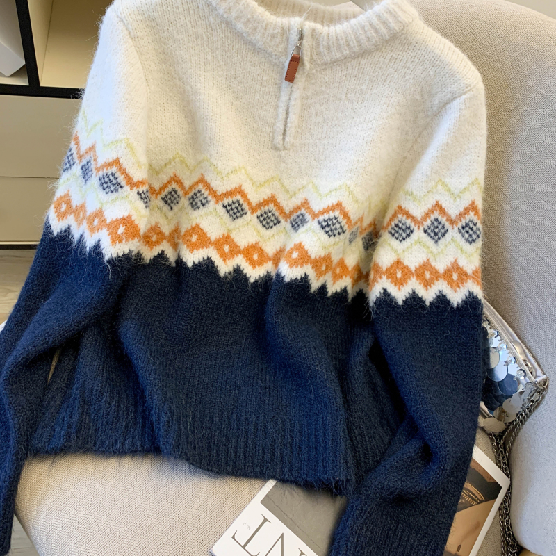 Mixed colors Korean style sweater lazy half zip tops for women