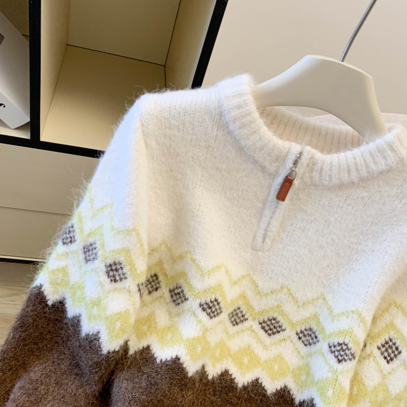 Mixed colors Korean style sweater lazy half zip tops for women