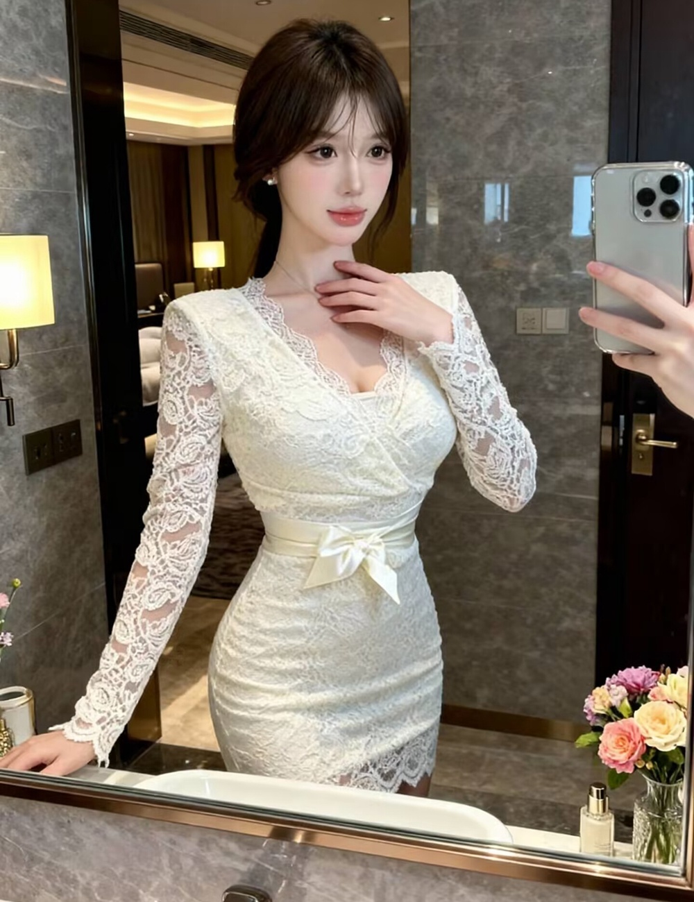 Slim lace enticement T-back pinched waist package hip dress