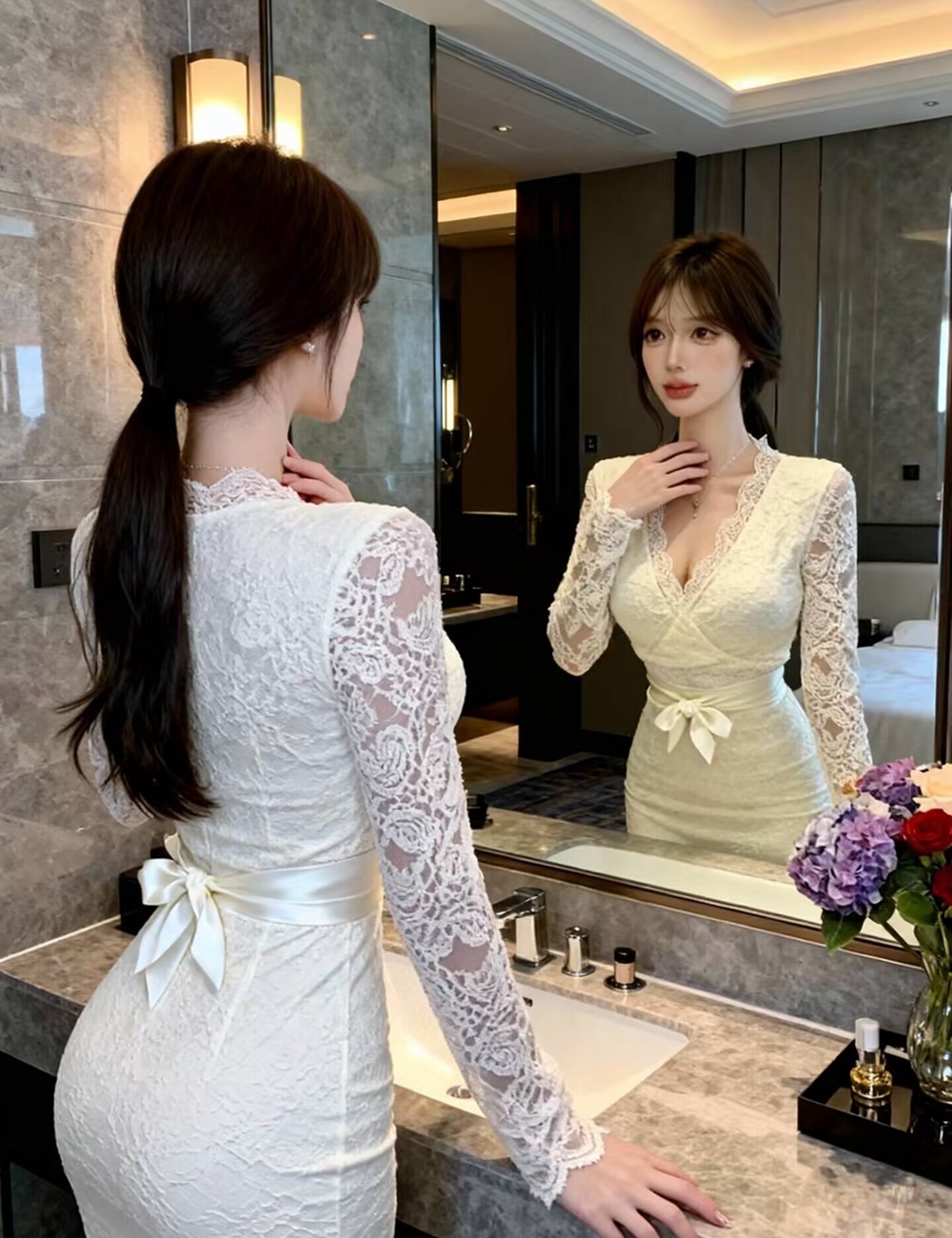 Slim lace enticement T-back pinched waist package hip dress