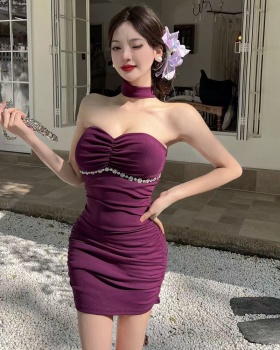 Pinched waist summer T-back wrapped chest dress for women