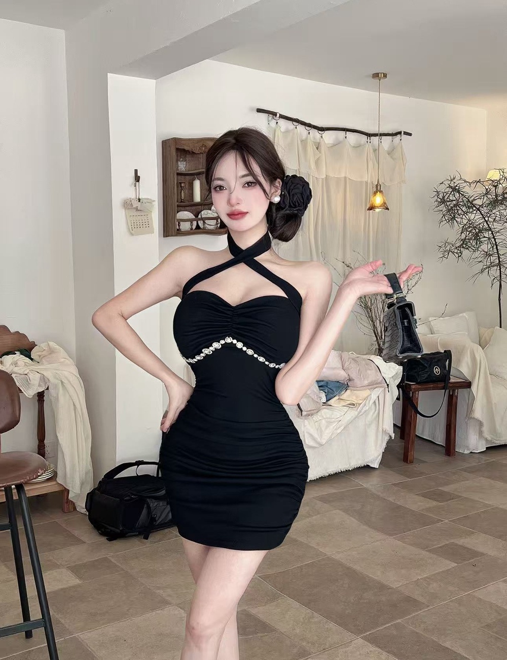 Pinched waist summer T-back wrapped chest dress for women
