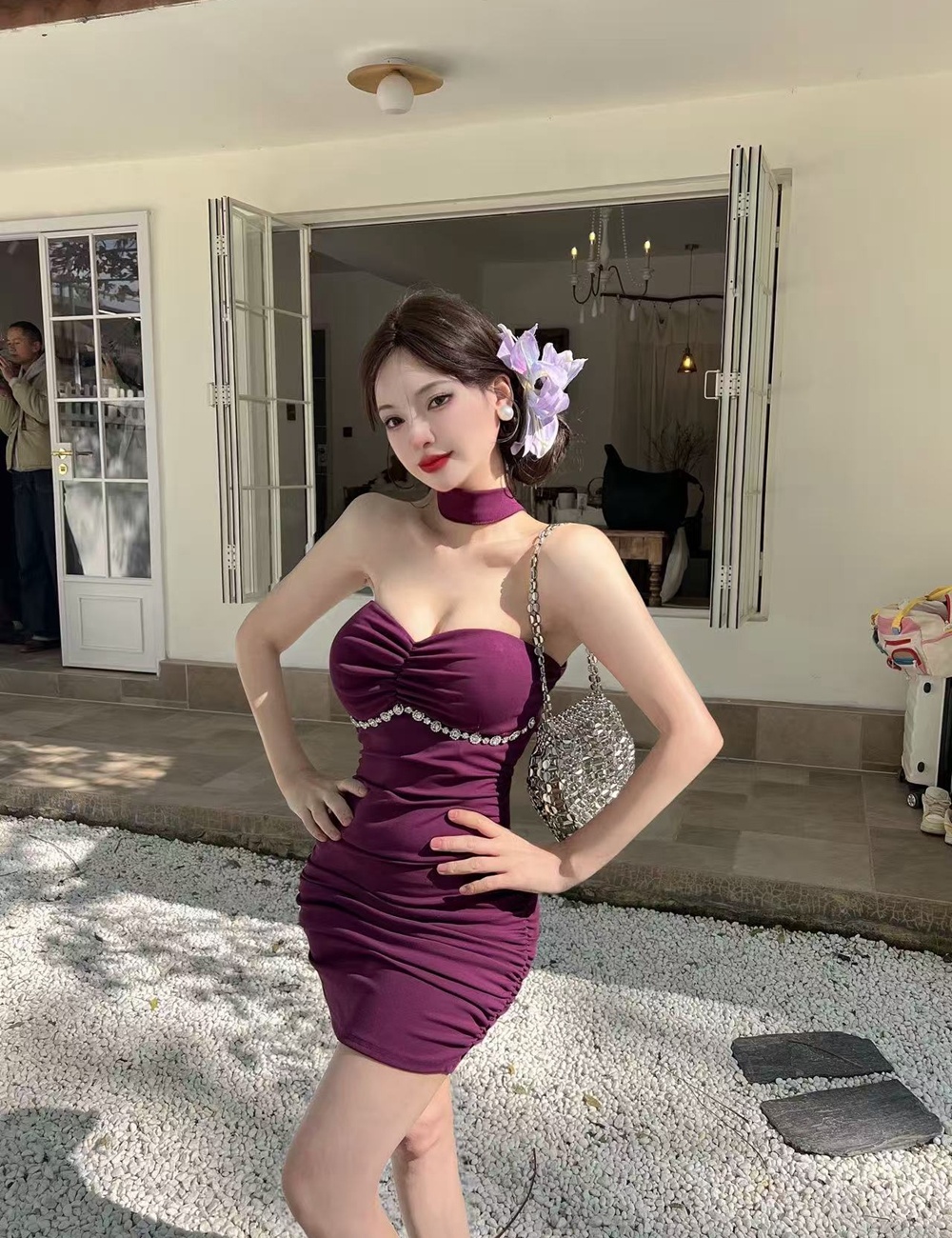 Pinched waist summer T-back wrapped chest dress for women