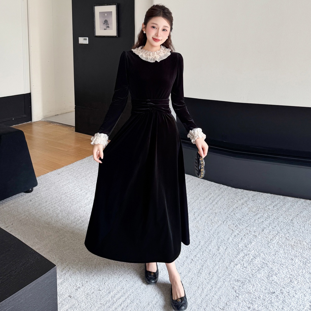 Slim wood ear temperament velvet splice dress