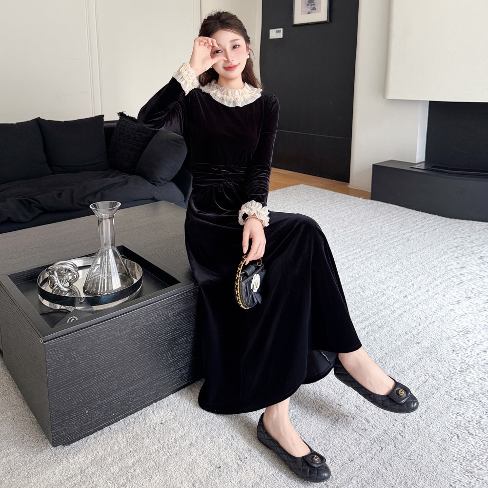 Slim wood ear temperament velvet splice dress