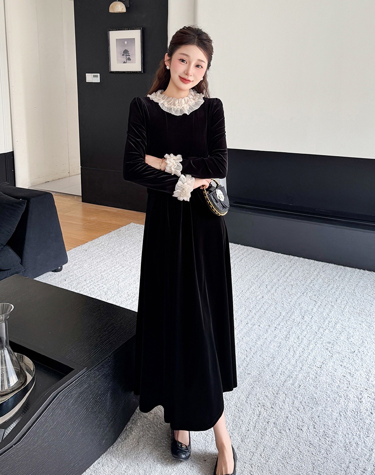 Slim wood ear temperament velvet splice dress
