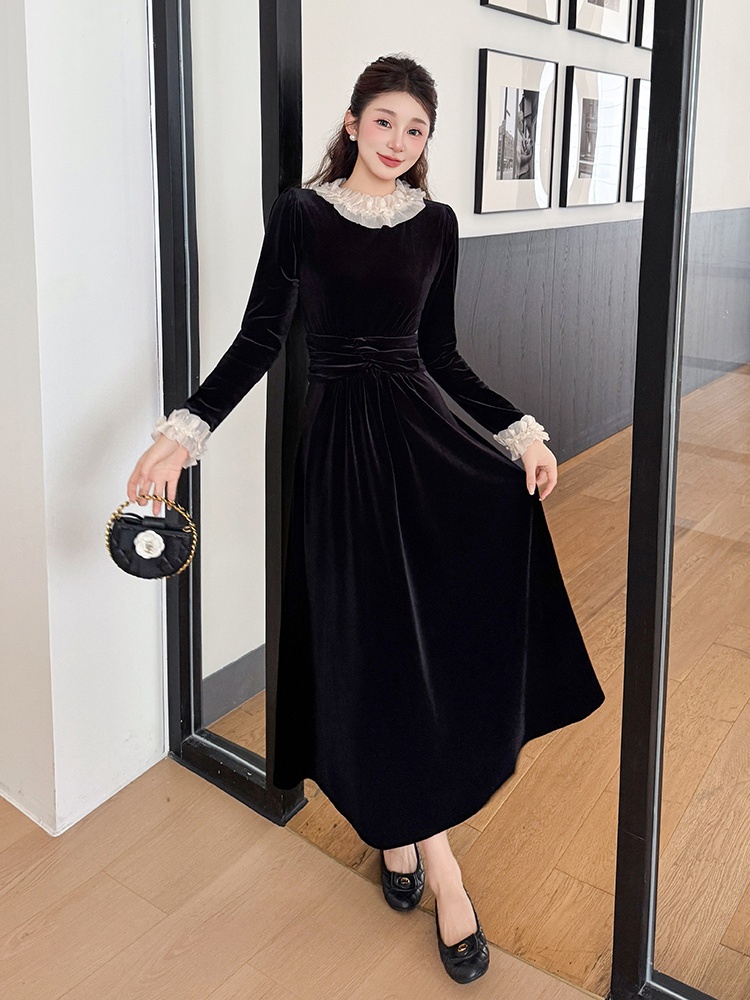 Slim wood ear temperament velvet splice dress