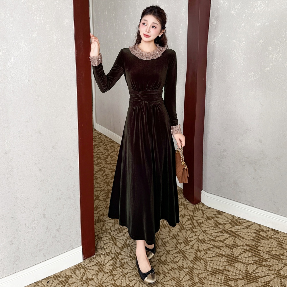 Slim wood ear temperament velvet splice dress