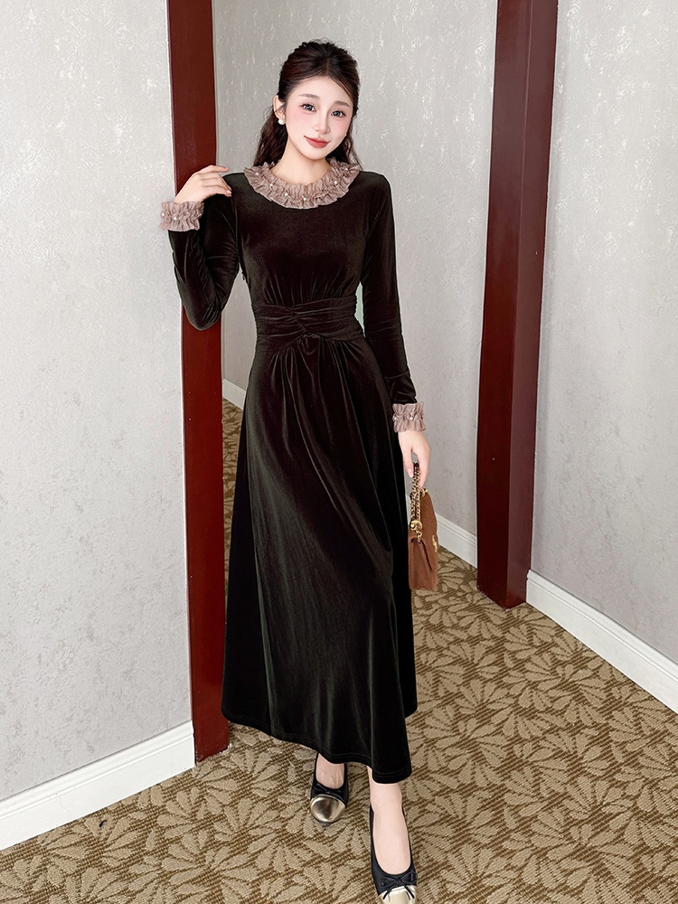 Slim wood ear temperament velvet splice dress