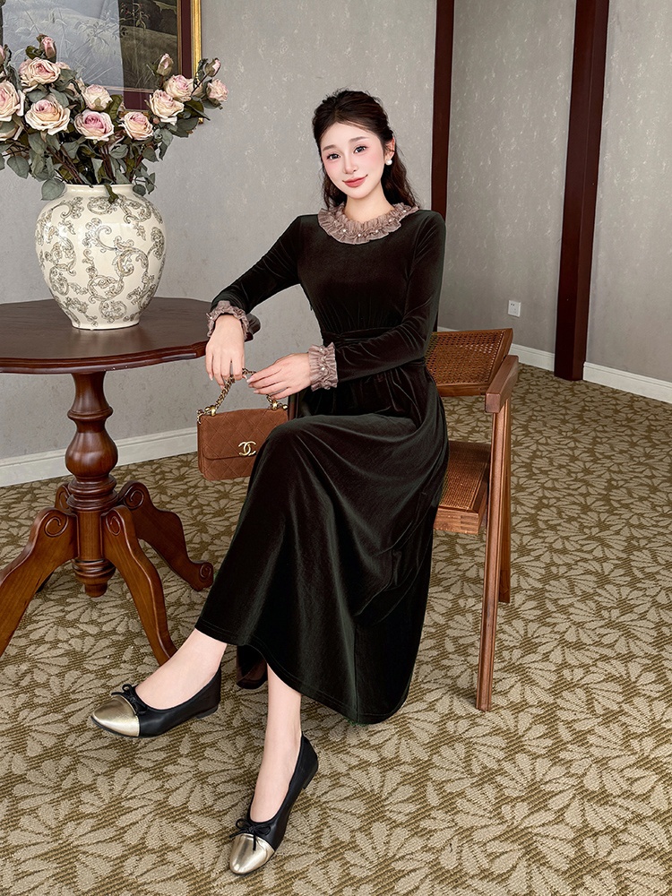 Slim wood ear temperament velvet splice dress