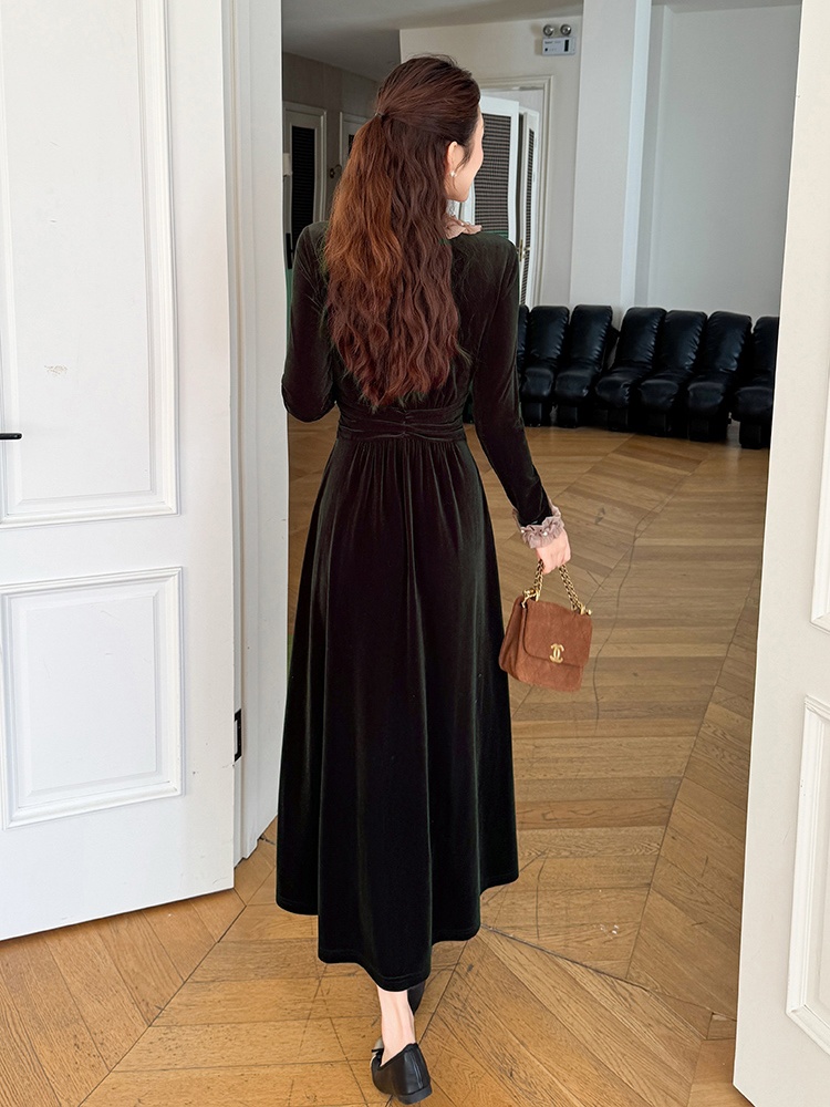 Slim wood ear temperament velvet splice dress