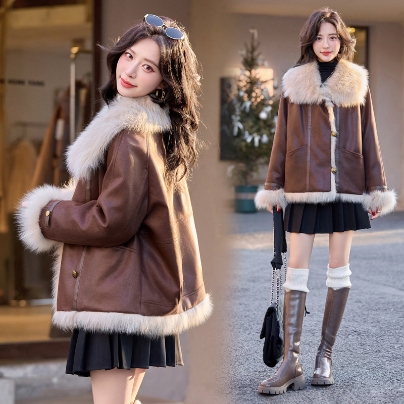 Fur collar imitation of fox parka suede fur coat for women