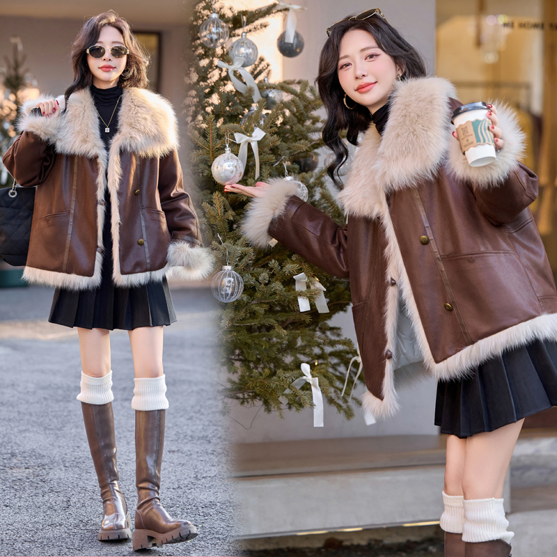 Fur collar imitation of fox parka suede fur coat for women