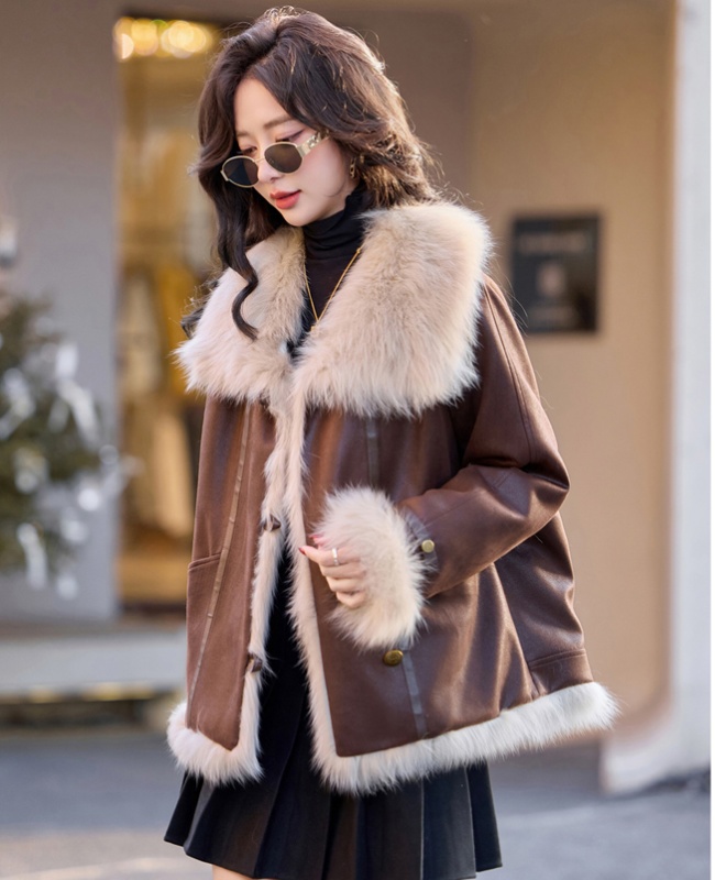 Fur collar imitation of fox parka suede fur coat for women