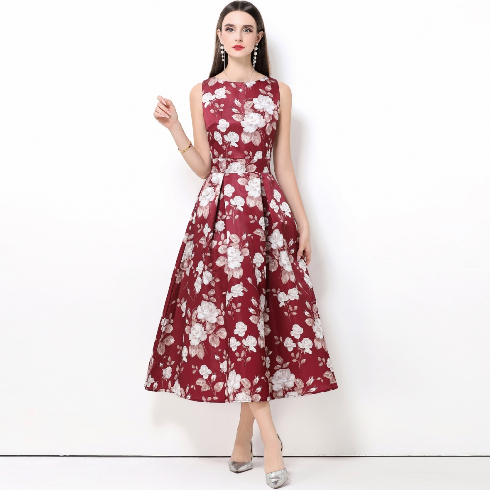 Clipping pinched waist sleeveless A-line high waist dress