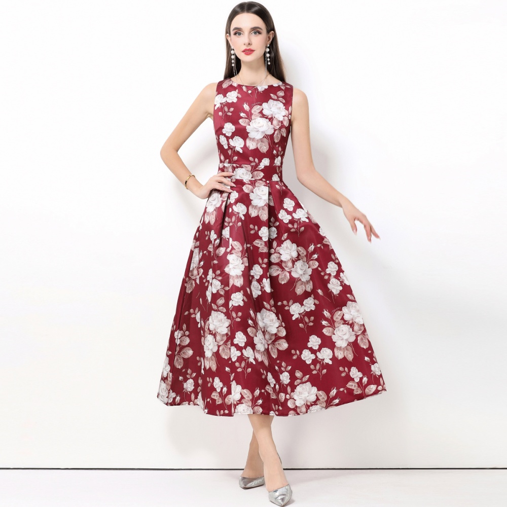 Clipping pinched waist sleeveless A-line high waist dress