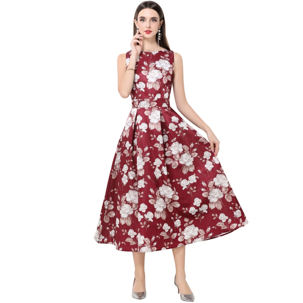 Clipping pinched waist sleeveless A-line high waist dress