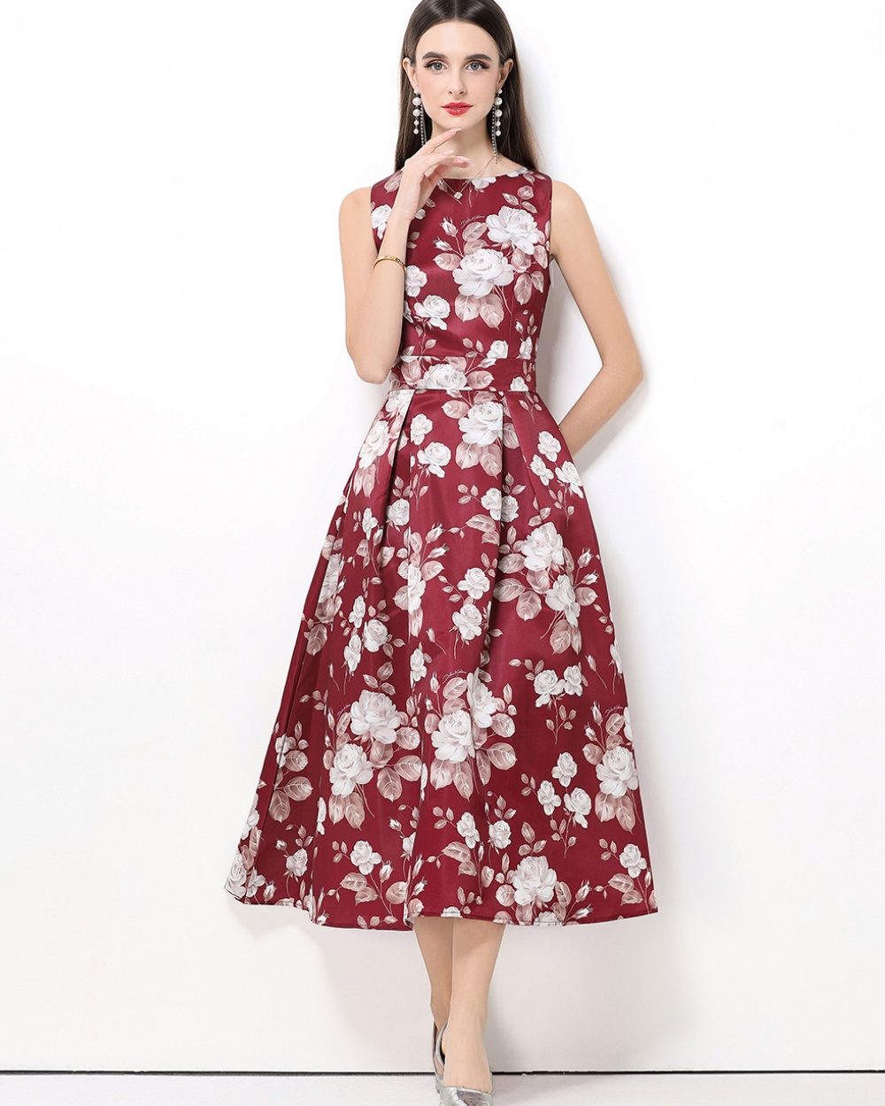 Clipping pinched waist sleeveless A-line high waist dress