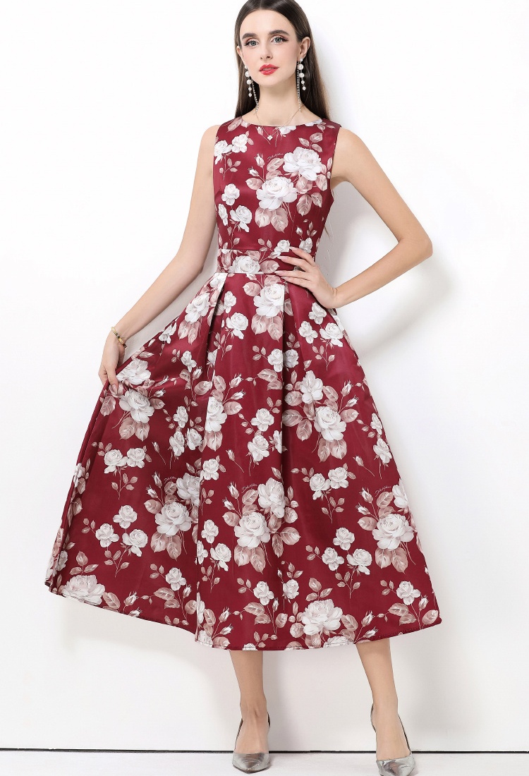 Clipping pinched waist sleeveless A-line high waist dress